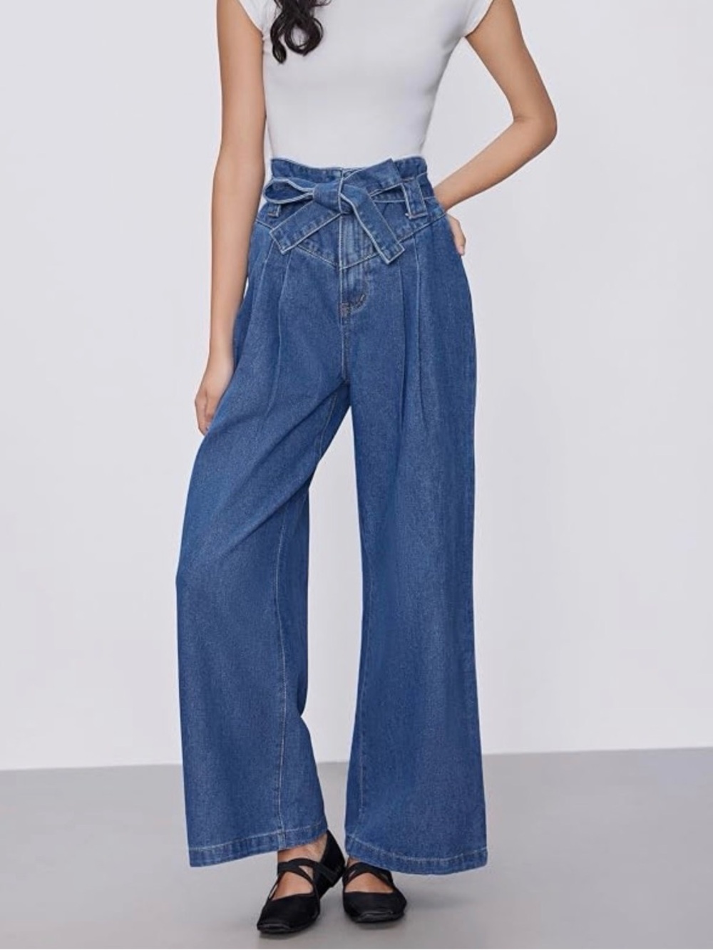 Cider Blue High-Waist Wide Leg Jeans with Bow Tie